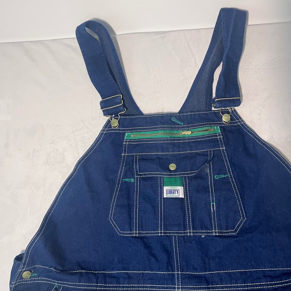 Liberty Mens Blue Denim Bib Overalls Green Zipper Workwear R342150 50x32 - Picture 7 of 8